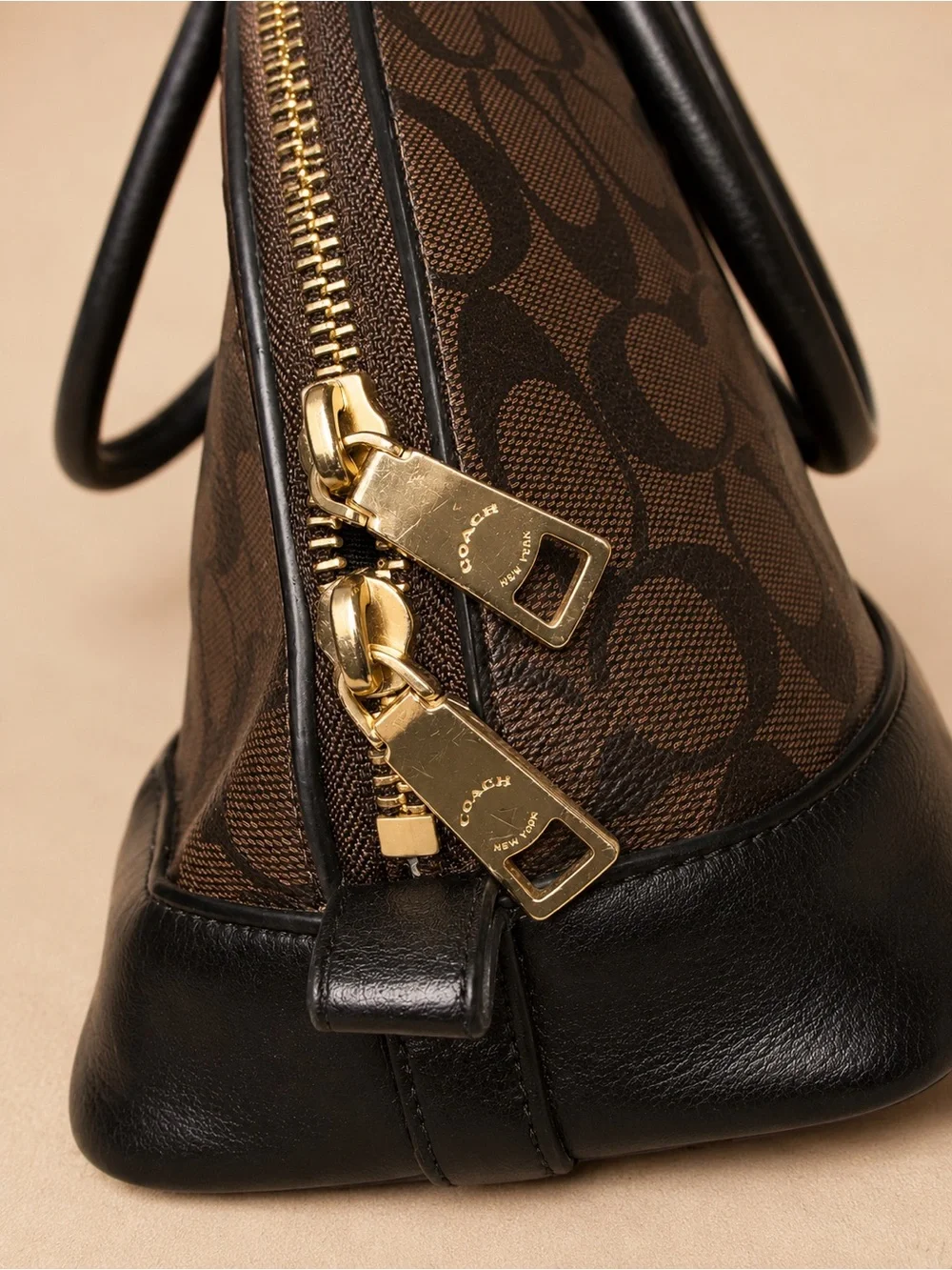 Coach Brown and Black Signature Dome Satchel with Gold Hardware